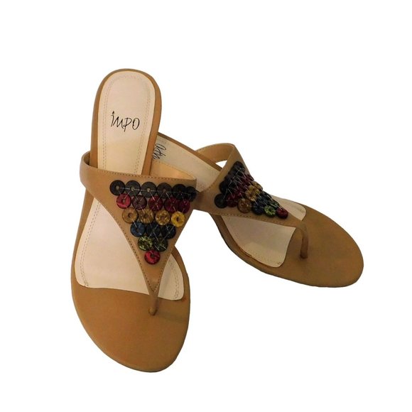 Impo Eliana Heel Sandals Womens 9M Tan Open Toe Slip On Multicolor Ornaments - Picture 1 of 9